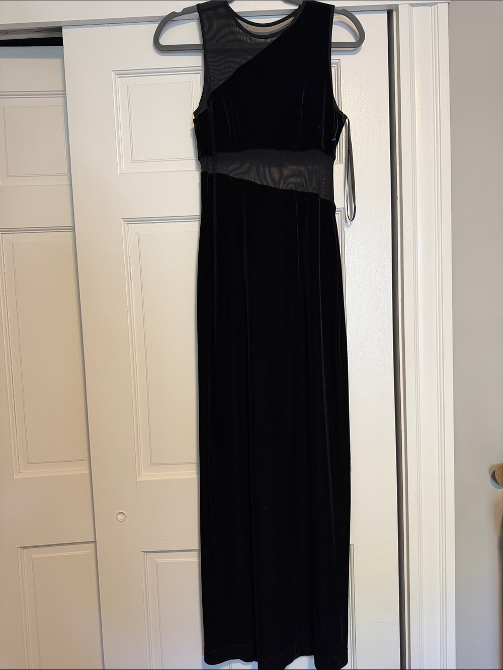 Black Velvet Maxi Dress with Sheer Mesh Inset